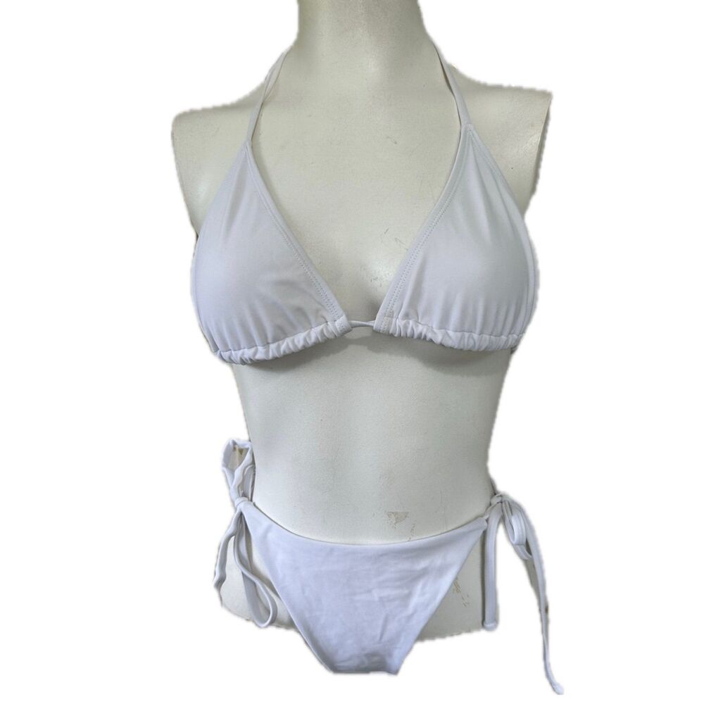 Unbranded Women's Solid White Side Ties String Triangle Bikini Kini Set M/L